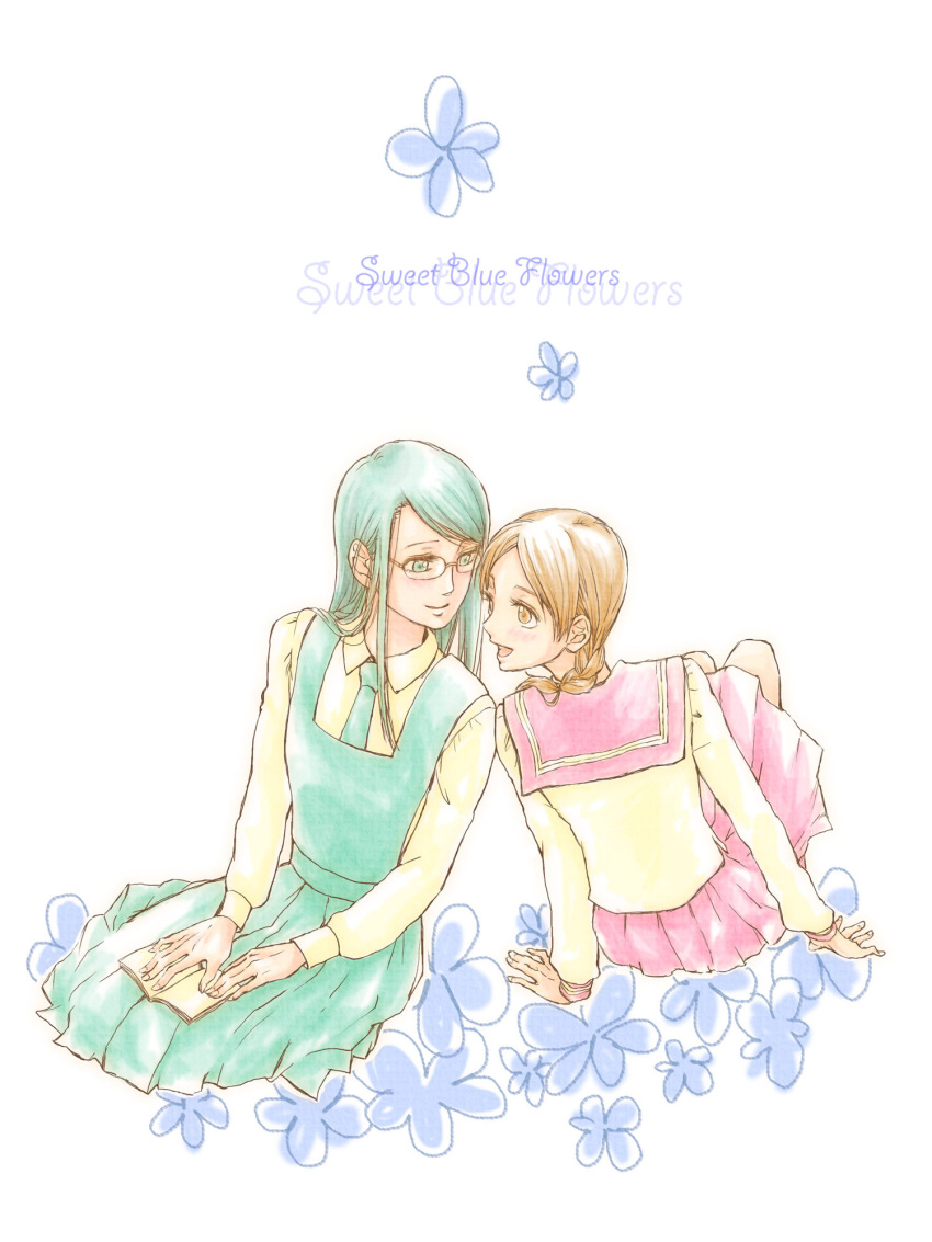 2girls, aoi_hana, english, flower, glasses, highres, manjoume_fumi, multiple_girls