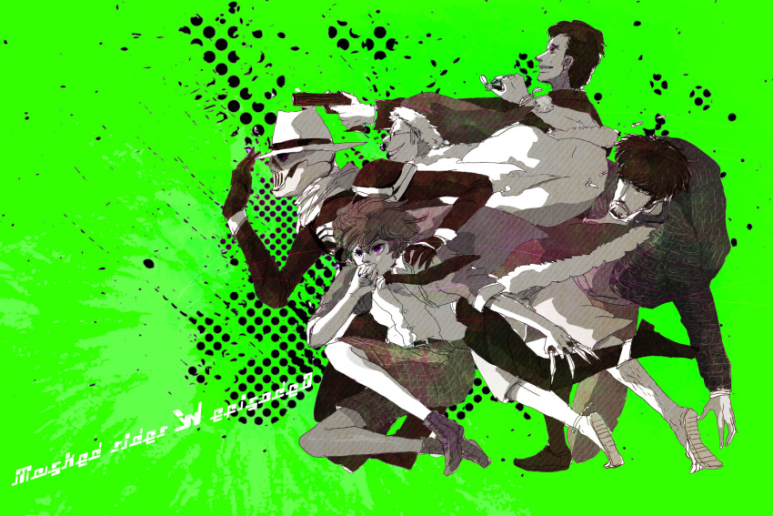 5boys, christmas, from_side, full_body, green_background, hat, hidari_shoutarou, jinno_mikio, kamen_rider, kamen_rider_skull, kamen_rider_w, multiple_boys, munagro, profile, running, santa-chan, simple_background, watcherman