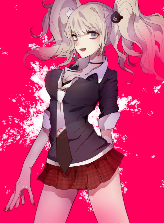 1girl, blue_eyes, dangan_ronpa, enoshima_junko, long_hair, necktie, pink_hair, school_uniform, smile, solo, spoilers, twintails, usashi