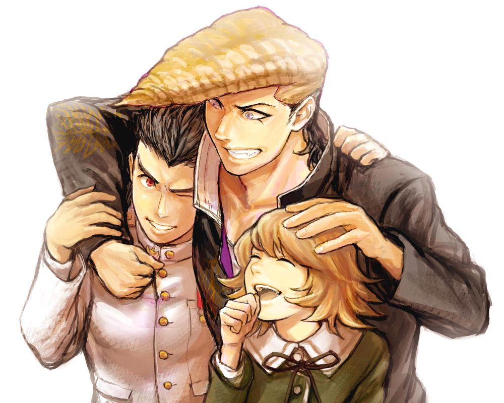 3boys, black_hair, brown_hair, closed_eyes, crossdressinging, dangan_ronpa, fujisaki_chihiro, ganpiro