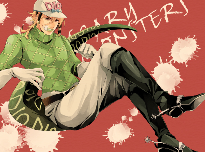1boy, bandage_on_face, blonde_hair, boots, diego_brando, gloves, hat, jojo_no_kimyou_na_bouken