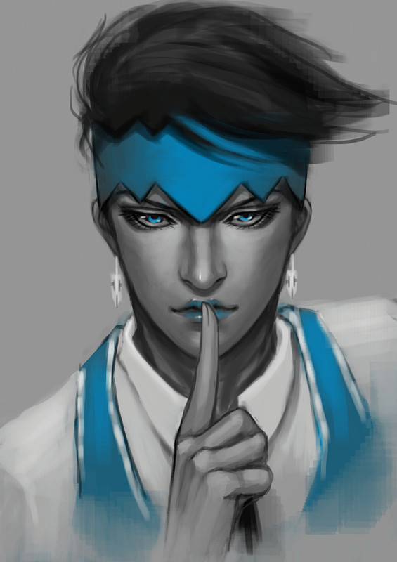 1boy, black_hair, blue_eyes, earrings, finger_to_mouth, haruka4413, headband, jewelry