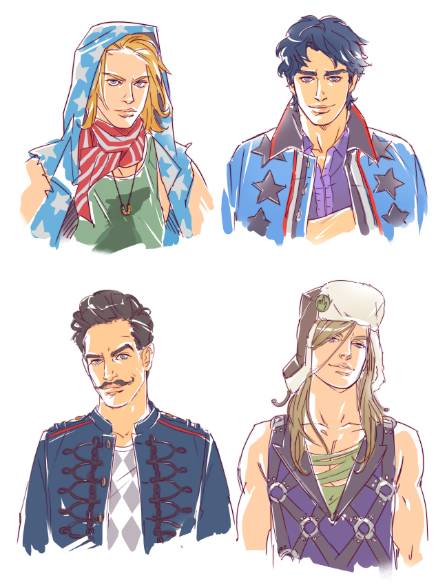 4boys, akira_atsushi, black_hair, blonde_hair, blue_hair, brown_hair, contemporary, facial_hair