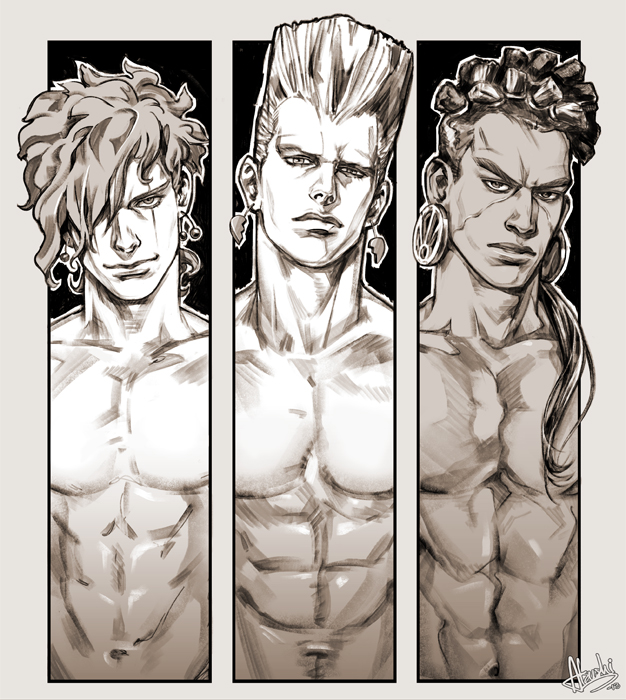 akira_atsushi, dark_skin, earrings, greyscale, jean_pierre_polnareff, jewelry, jojo_no_kimyou_na_bouken, kakyouin_noriaki