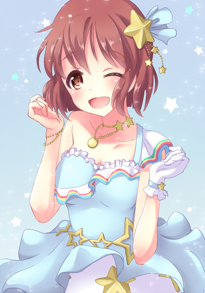 bracelet, brown_eyes, brown_hair, costume, gloves, hagiwara_yukiho, hair_ornament, idolmaster