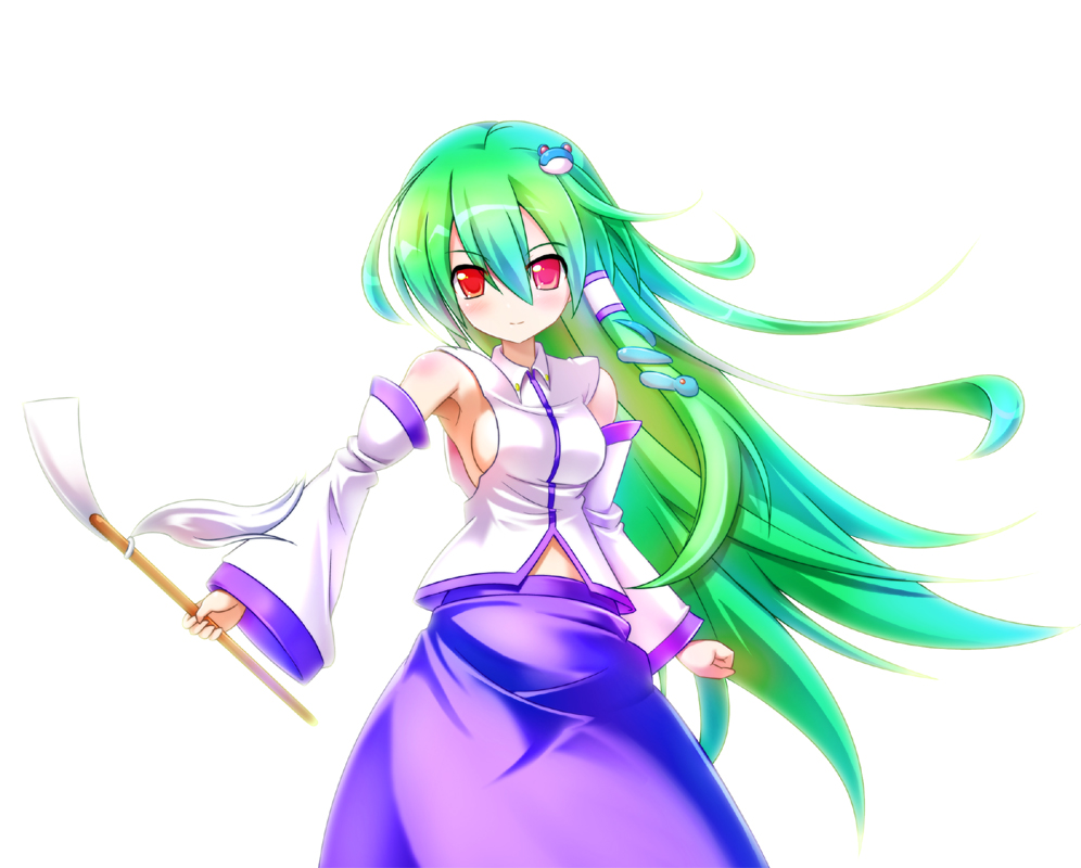 1girl, average, bare_shoulders, breasts, detached_sleeves, green_hair, hair_ornament, hair_tubes