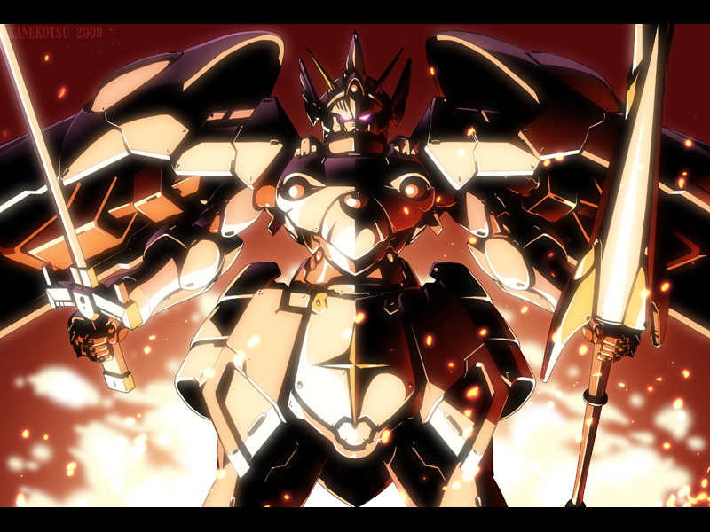 glowing, glowing_eyes, gundam, heihokon, kaneko_tsukasa, knight_gundam, lance, mecha, polearm, sd_gundam, solo, sword, weapon