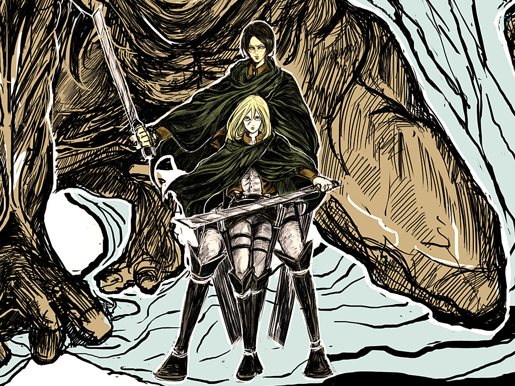 2girls, black_hair, blade, blonde_hair, boots, cape, christa_renz, dancing_titan