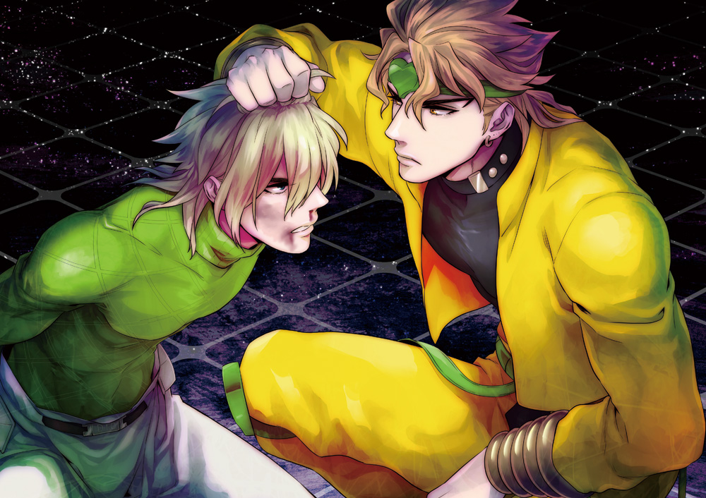 2boys, blonde_hair, blood, diego_brando, dio_brando, green_eyes, hair_pull, hat