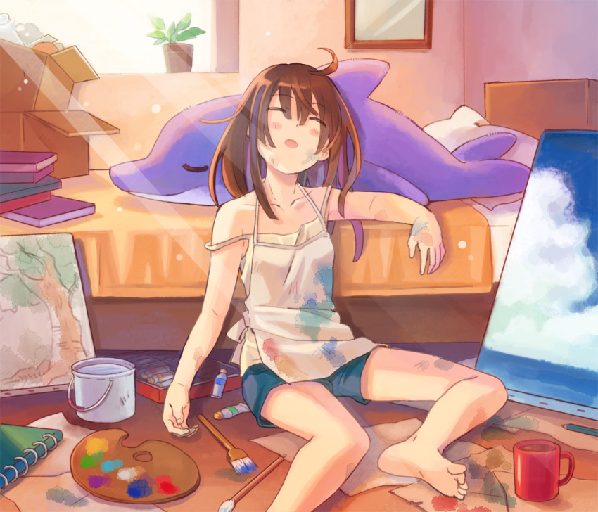 1girl, apron, barefoot, bed, blush, box, closed_eyes, coffee