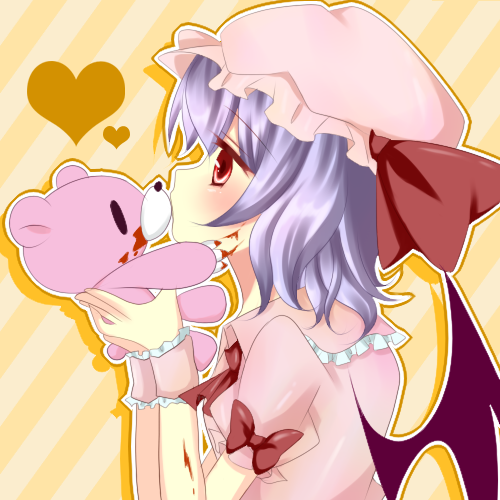 blood, gloomy_bear, hat, heart, hi-na, kiss, lavender_hair, lowres