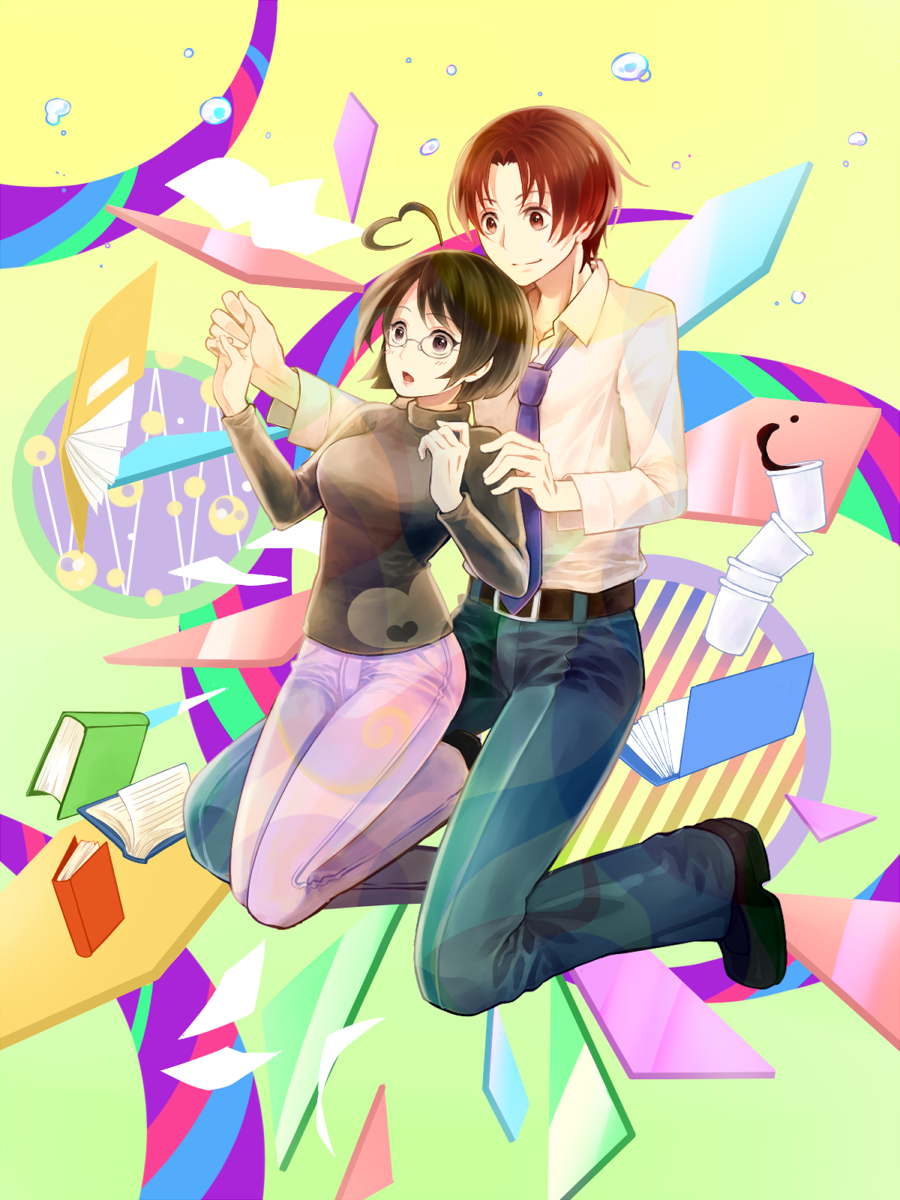 1boy, 1girl, ahoge, black_hair, blush, brown_eyes, brown_hair, coffee
