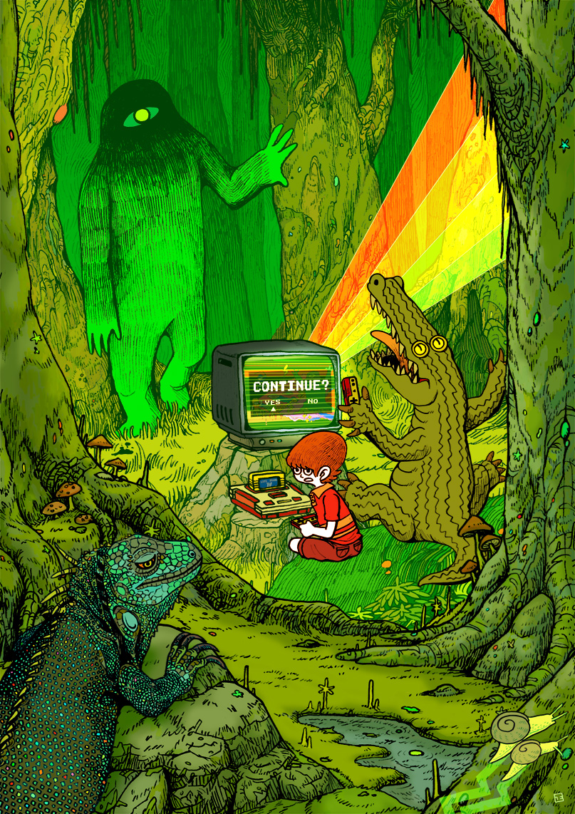 1boy, crocodilian, famicom, forest, glasses, iguana_(animal), lizard, monster