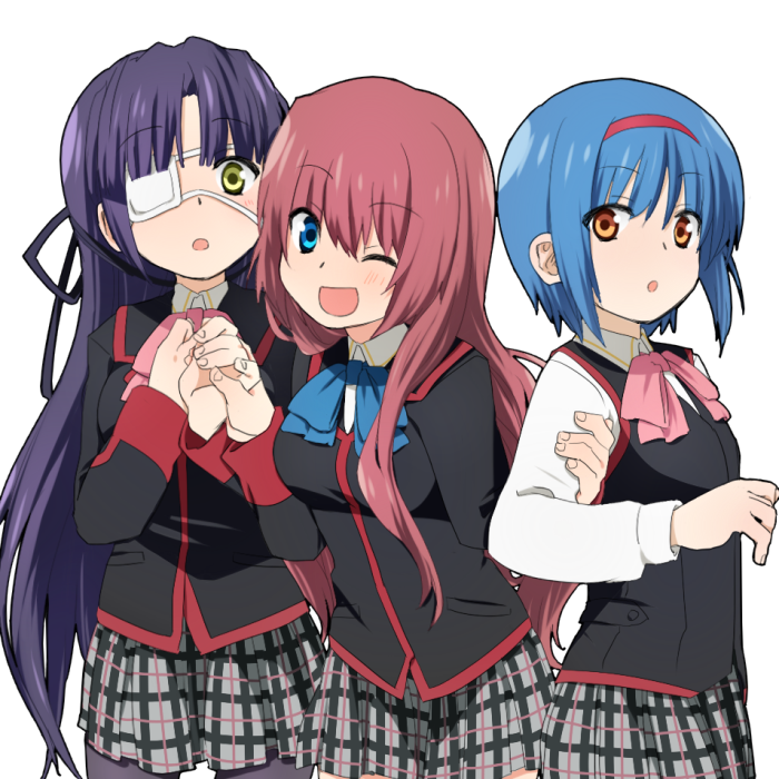 3girls, :o, ;d, a-chan_senpai, black_hair, blazer, blue_eyes, blue_hair