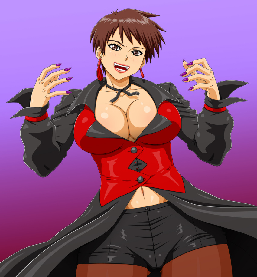 1girl, breasts, brown_eyes, brown_hair, cleavage, earrings, fingernails, highres