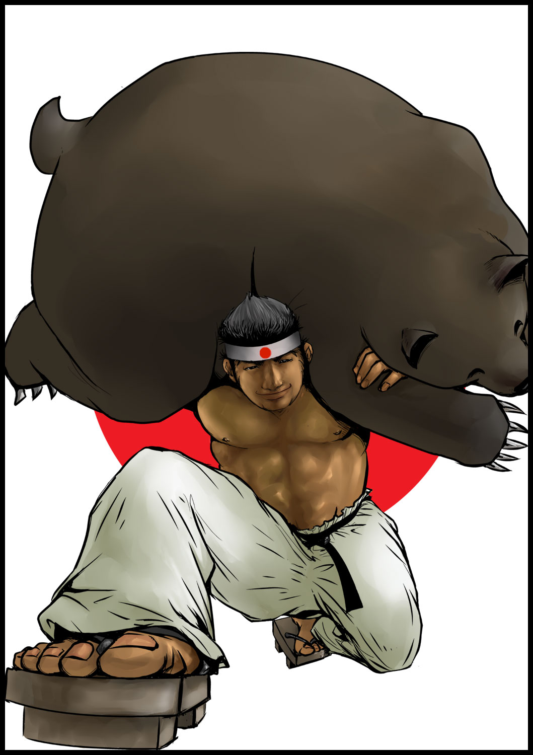 1boy, abs, bear, belt, daberuku, daimon_gorou, dougi, geta
