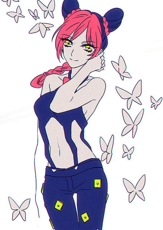 1girl, black_hair, braid, butterfly, double_bun, haze00, jojo_no_kimyou_na_bouken, kuujou_jolyne