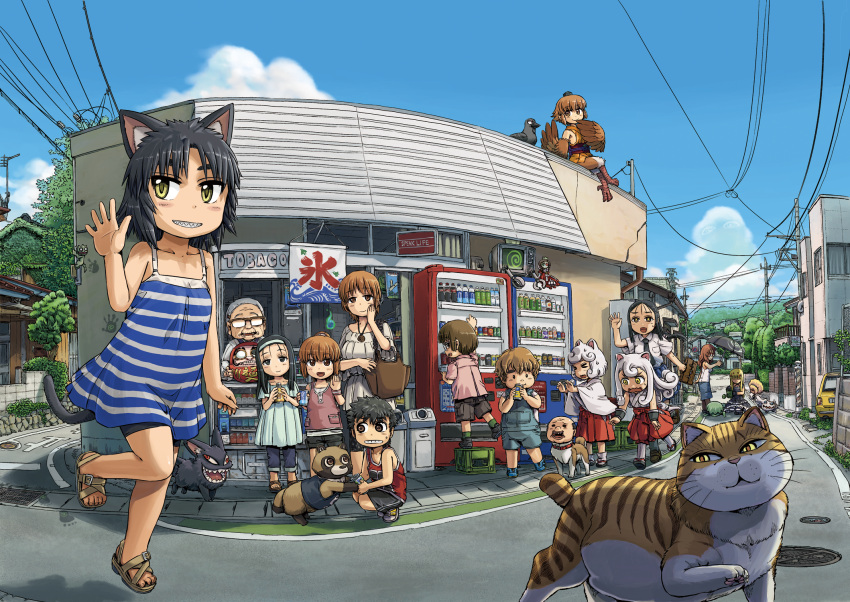 4boys, 6+girls, akaname_(neko_musume_michikusa_nikki), animal_ears, bird, blue_sky, cat, cat_ears