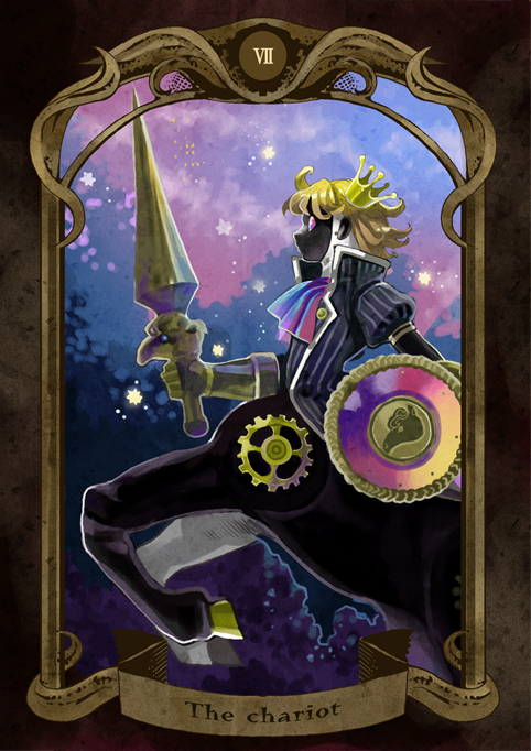 androgynous, blonde_hair, card, centaur, clockwork, cravat, crown, dark_skin, gears, gloves, high_collar, kotetsu_(popeethe), lance, machine, night, original, polearm, profile, shield, tailcoat, tarot, violet_eyes, weapon
