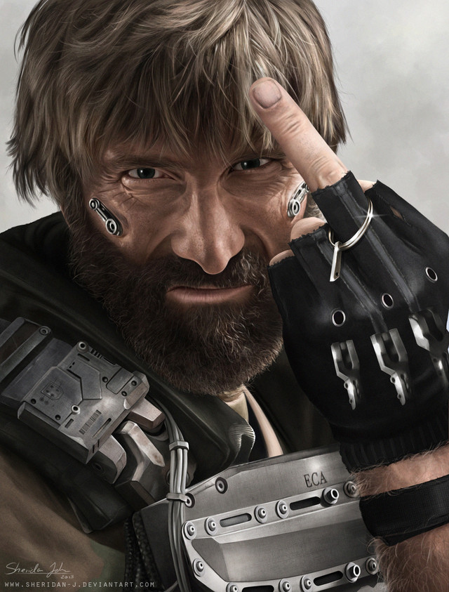 1boy, armor, beard, black_eyes, body_hair, brown_hair, c._m._kruger, cyberpunk