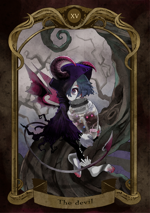 androgynous, bat_wings, blue_eyes, blue_hair, card, demon_tail, fang, horns