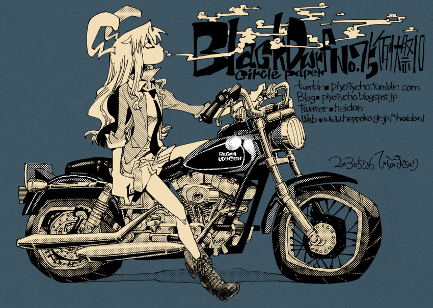 animal_ears, boots, cigarette, circle_cut, closed_eyes, hirano_masanori, jacket, motor_vehicle