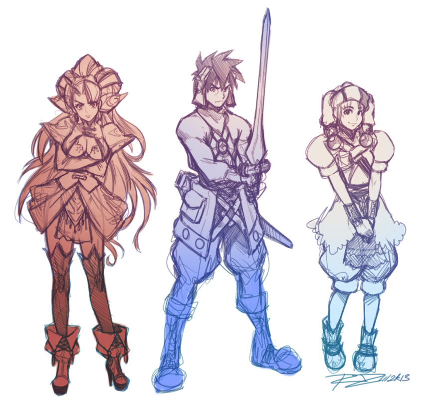 1boy, 2girls, ankle_boots, boots, breasts, cleavage, cleavage_cutout, crossed_arms