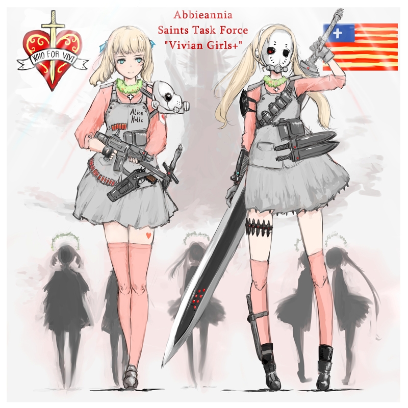 2girls, ankle_holster, blonde_hair, blue_eyes, bulletproof_vest, combat_knife, crest, fingerless_gloves