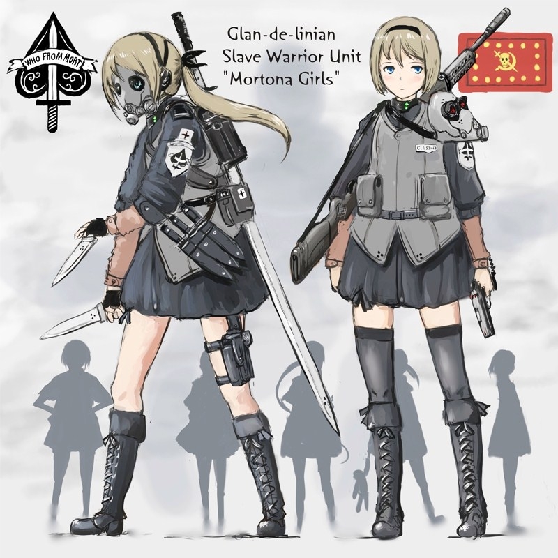 2girls, black_legwear, blonde_hair, boots, bulletproof_vest, combat_boots, combat_knife, crest, cross-laced_footwear, dual_wielding, flag, gas_mask, gun, hairband, holster, huge_weapon, knee_boots, lace-up_boots, long_hair, mask, military, milizian!, motto, multiple_girls, original, over_shoulder, pistol, ponytail, reverse_grip, rifle, short_hair, sword, sword_over_shoulder, thigh_holster, thighhighs, weapon, weapon_over_shoulder, yrafy