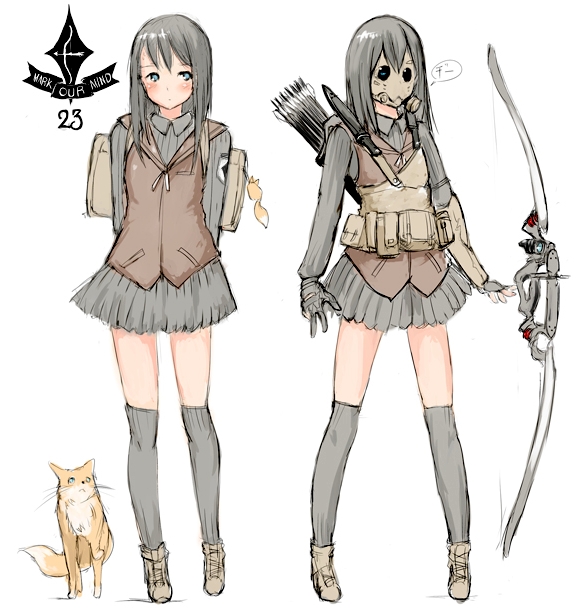 1girl, arms_behind_back, arrow, black_hair, black_legwear, blue_eyes, blush, bow_(weapon)