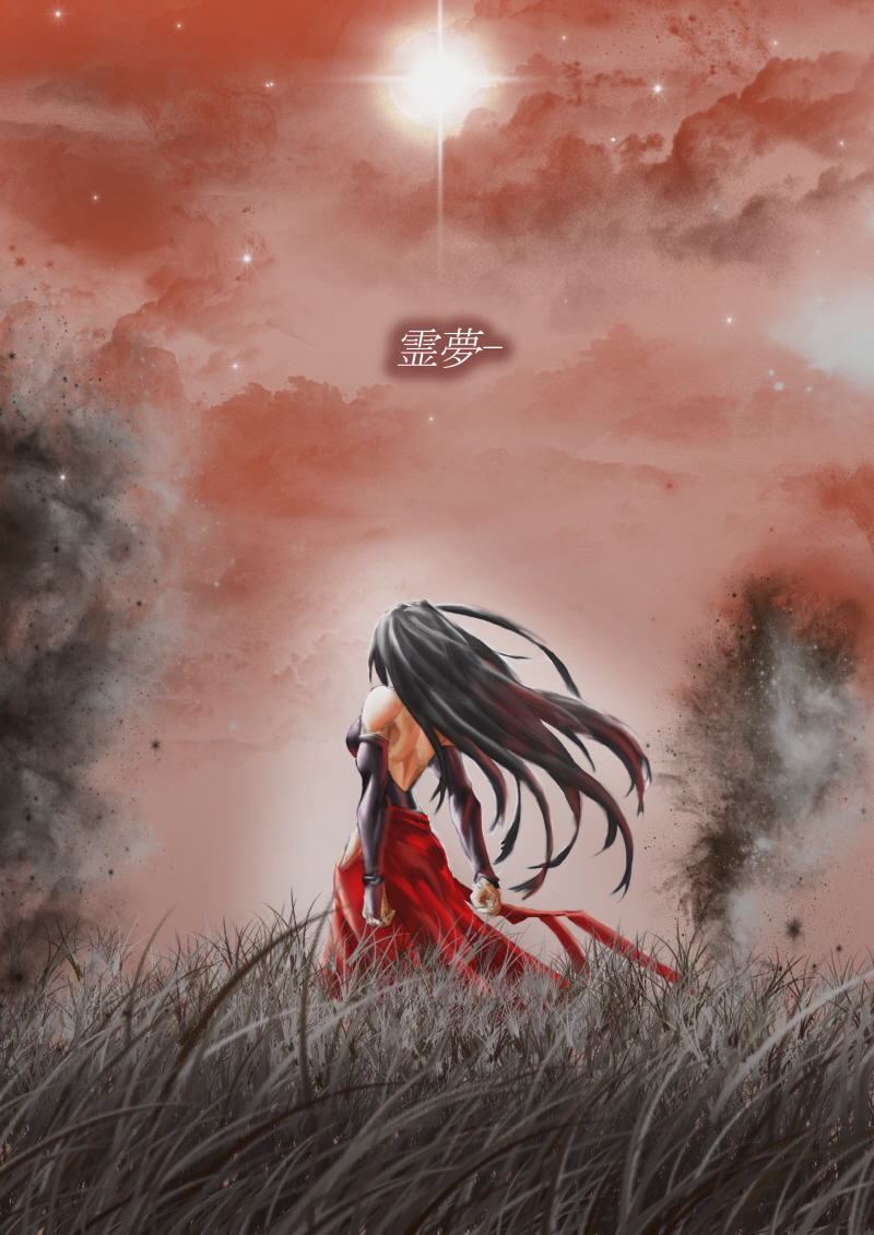 1girl, alternate_costume, back, backless, bare_shoulders, black_hair, breasts, detached_sleeves, field, from_behind, hilender20, leotard, long_hair, long_skirt, m.u.g.e.n, muscle, original, scar, sendai_hakurei_no_miko, skirt, sky, solo, star_(sky), starry_sky, touhou, translation_request