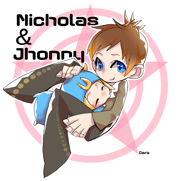 2boys, blonde_hair, blue_eyes, brothers, brown_hair, chibi, dasumidara, hat
