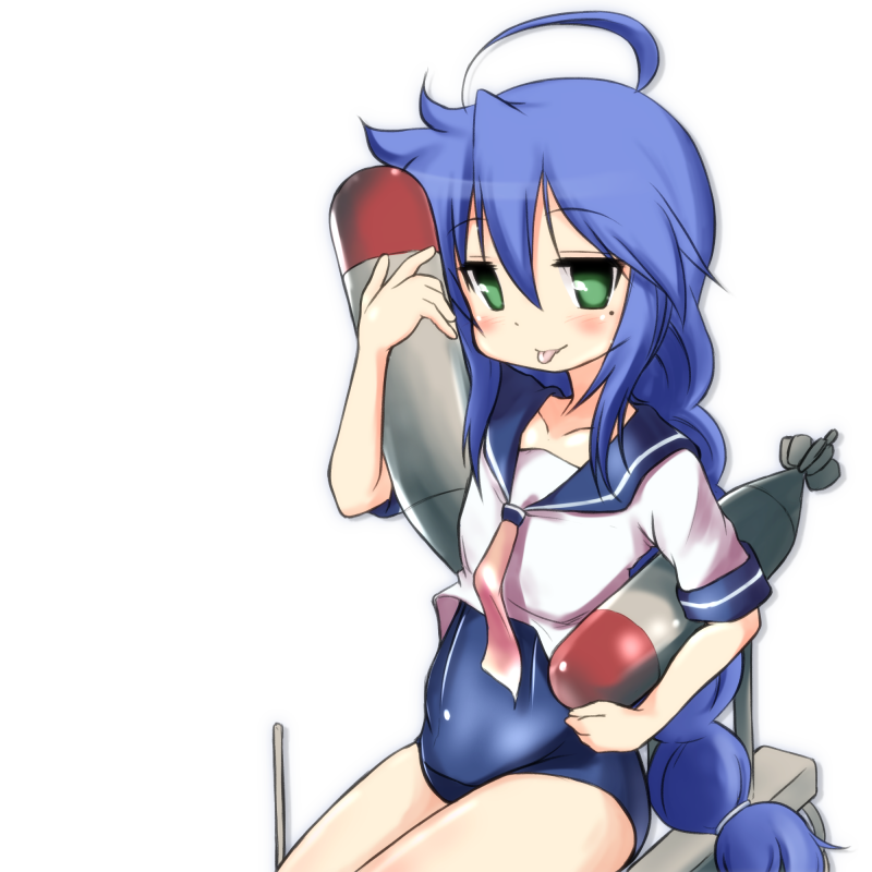 1girl, ahoge, blue_hair, blush, i-58_(kantai_collection), i-58_(kantai_collection)_(cosplay), izumi_konata, kantai_collection