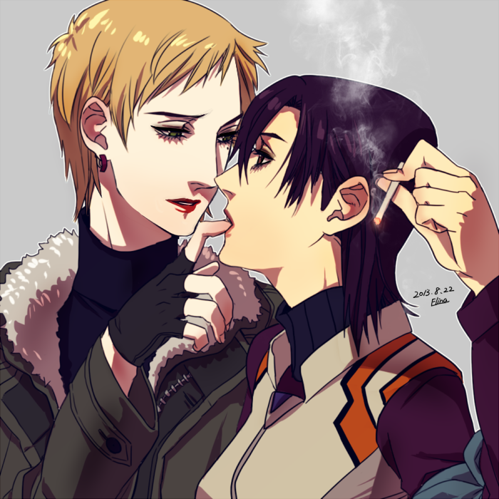 2girls, akagi_ritsuko, brown_eyes, brown_hair, cigarette, coat, earrings, elina_kuroe_no_daarin