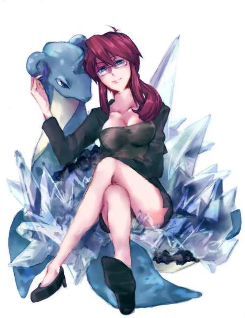 breasts, cleavage, collarbone, crossed_legs, glasses, high_heels, ice, jacket, kanna_(pokemon), lapras, legs, lips, mirrrrr, nintendo, pokemon, ponytail, red_hair, redhead, shoes, sitting, skirt