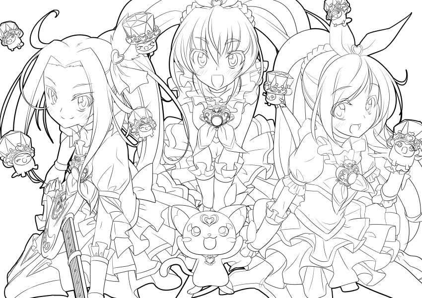 3girls, absurdres, blush, boots, brooch, choker, cure_beat, cure_melody