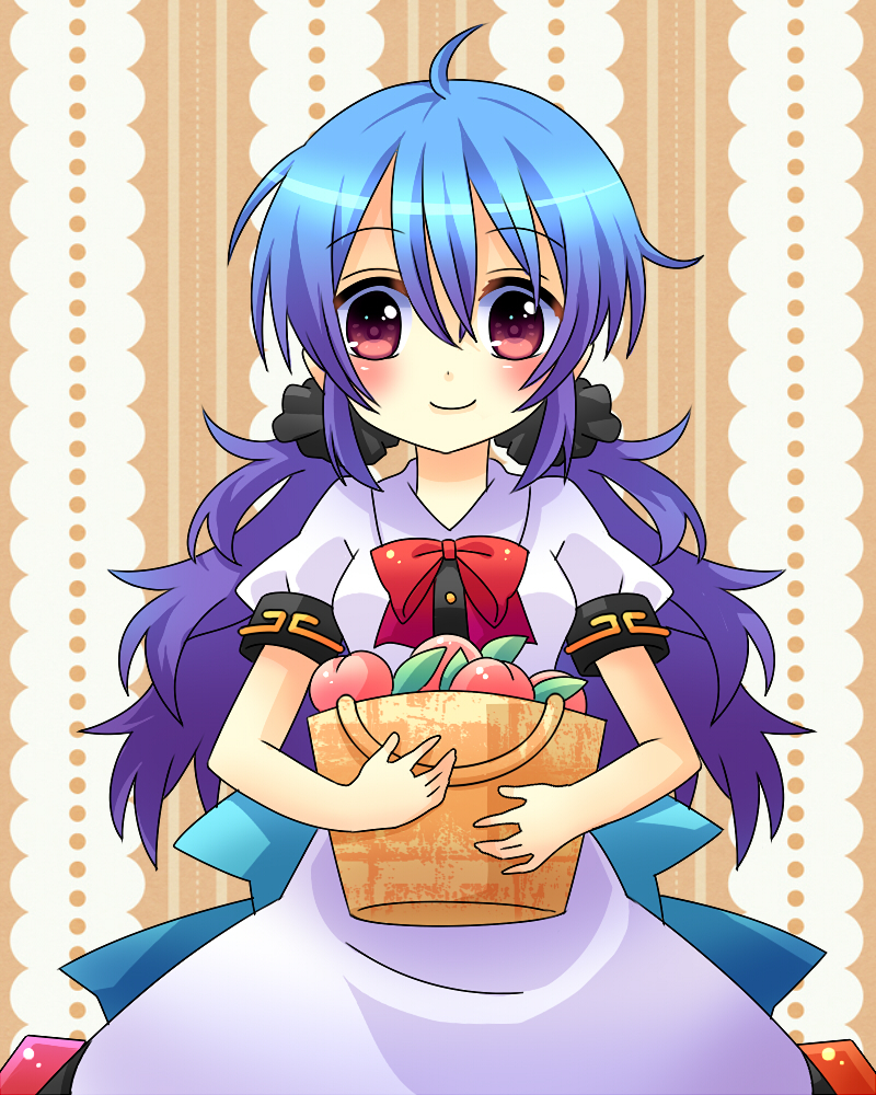 1girl, ahoge, alternate_hairstyle, basket, bow, brown_background, dress, food, fruit, gradient_hair, hinanawi_tenshi, leaf, looking_at_viewer, multicolored_hair, no_hat, oruga_(oruoruga), peach, red_eyes, scrunchie, short_sleeves, smile, solo, striped, striped_background, touhou, twin_tail