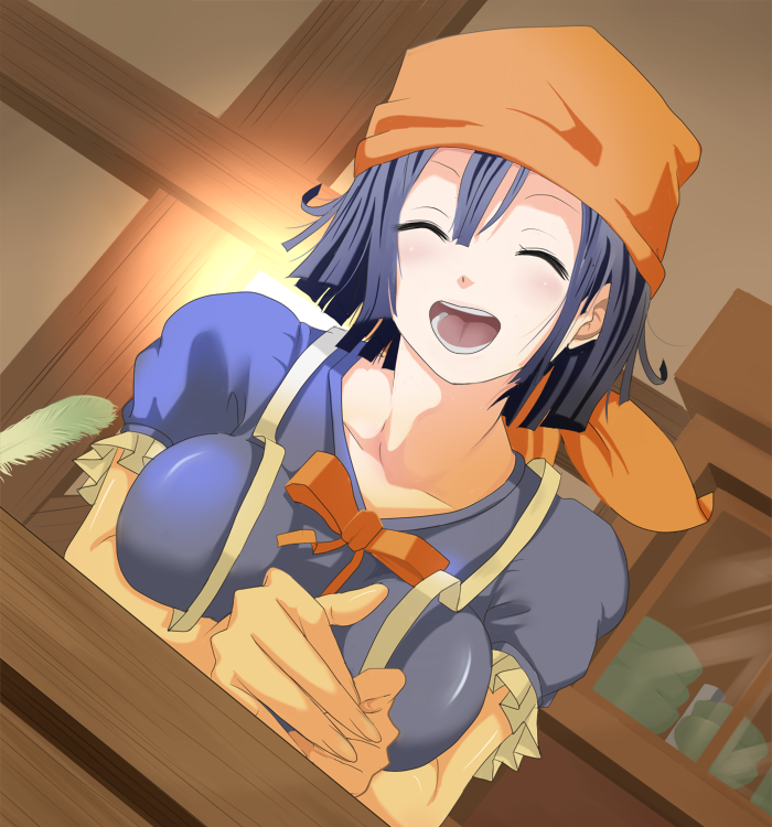 1girl, :d, apron, bandana, blue_hair, blush, bow, breasts