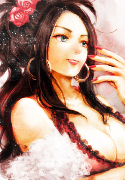 1girl, black_hair, blue_eyes, breasts, cleavage, curly_hair, deborah, dragon_quest, dragon_quest_v, earrings, feather_boa, flower, hair_flower, hair_ornament, hoop_earrings, jewelry, large_breasts, lipstick, long_hair, makeup, merami, mole, nail_polish, red_nails, red_rose, rose, solo