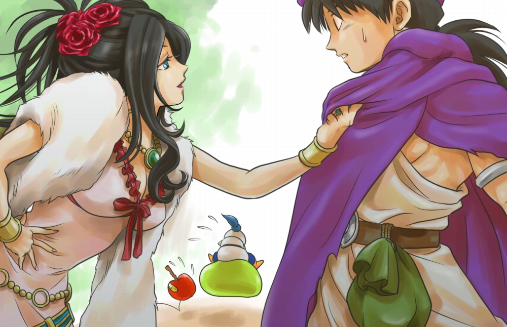 1boy, 1girl, bandaid, black_hair, blue_eyes, bracelet, breasts, cape