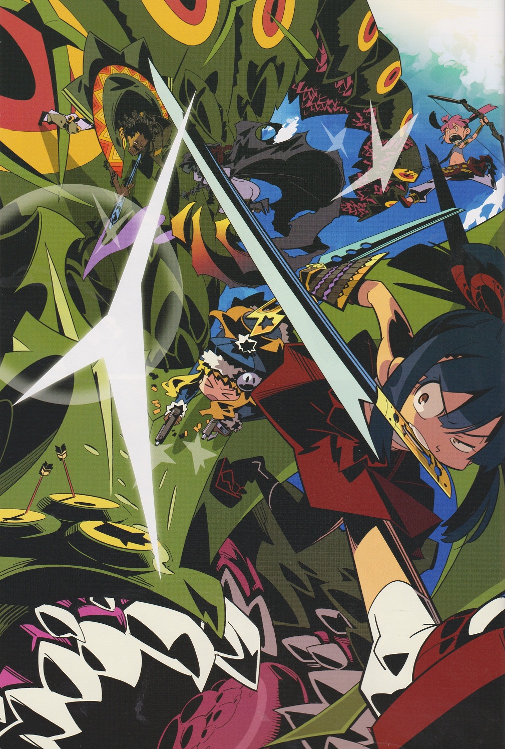 >_<, black_hair, blonde_hair, blue_hair, bow_(weapon), bracer, bushidou_(sekaiju), dual_wielding