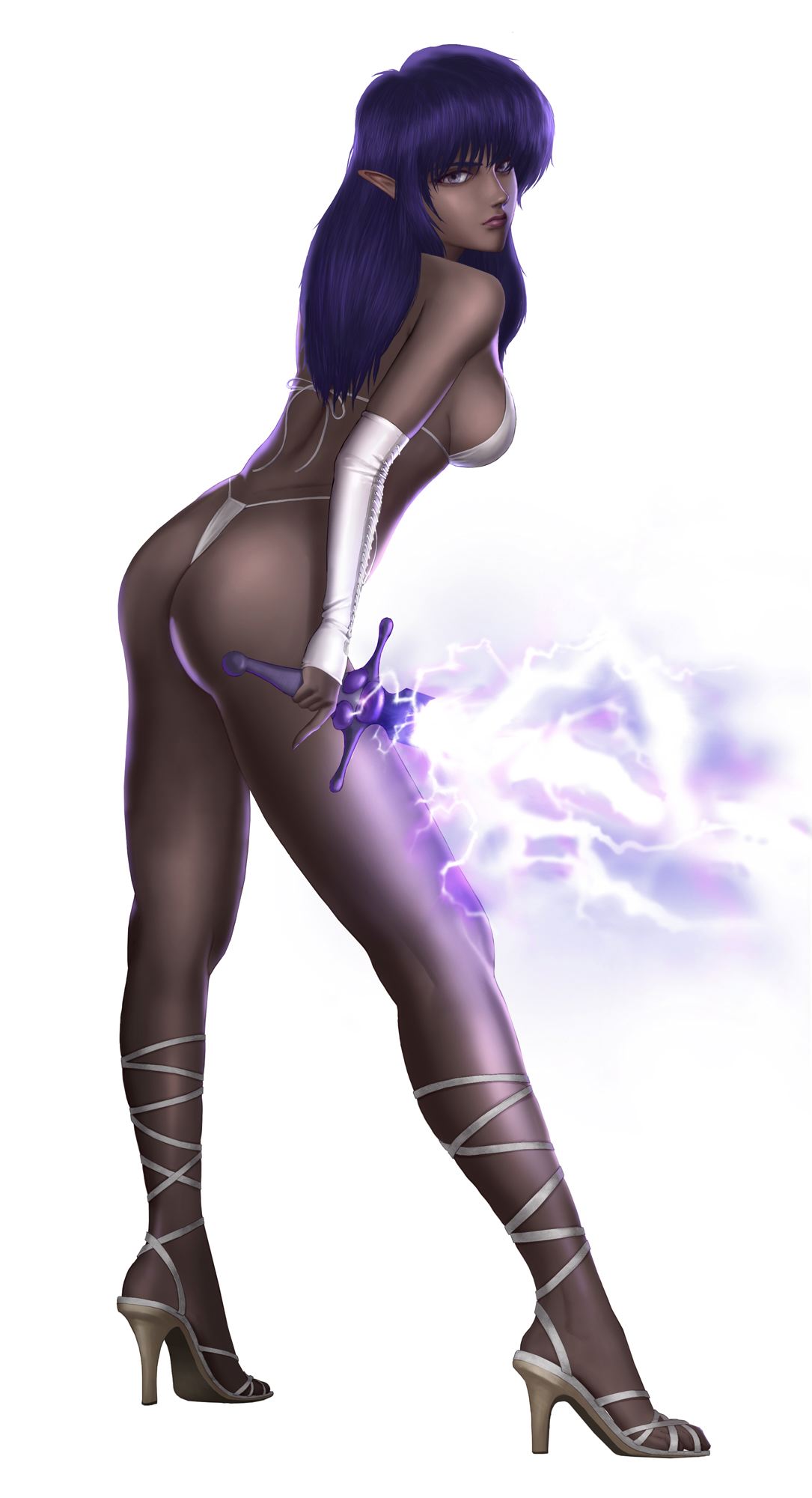 arshes_nei, ass, bastard!!, bikini, bikini_top, blue_eyes, blue_hair, breasts, dark_elf, dark_skin, detached_sleeves, legs, pointy_ears, python_(snake_legs), sideboob, swimsuit, sword, thong_bikini