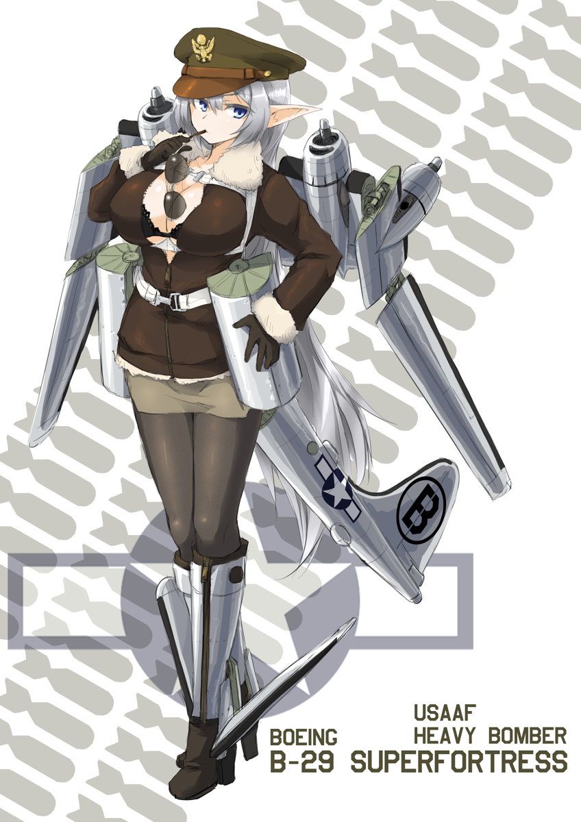 aviator_glasses, b-29, blue_eyes, bomber_jacket, boots, breasts, hat, highres