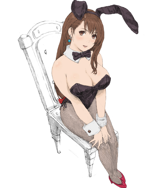 animal_ears, bare_shoulders, blush, breasts, brown_eyes, brown_hair, bunnysuit, chair