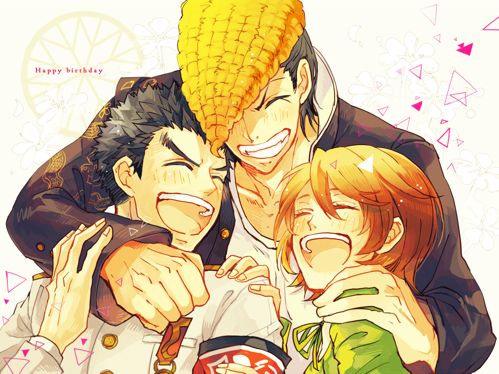 3boys, armband, ayumu_(wind_and_sail), black_hair, blonde_hair, blush, brown_hair, dangan_ronpa