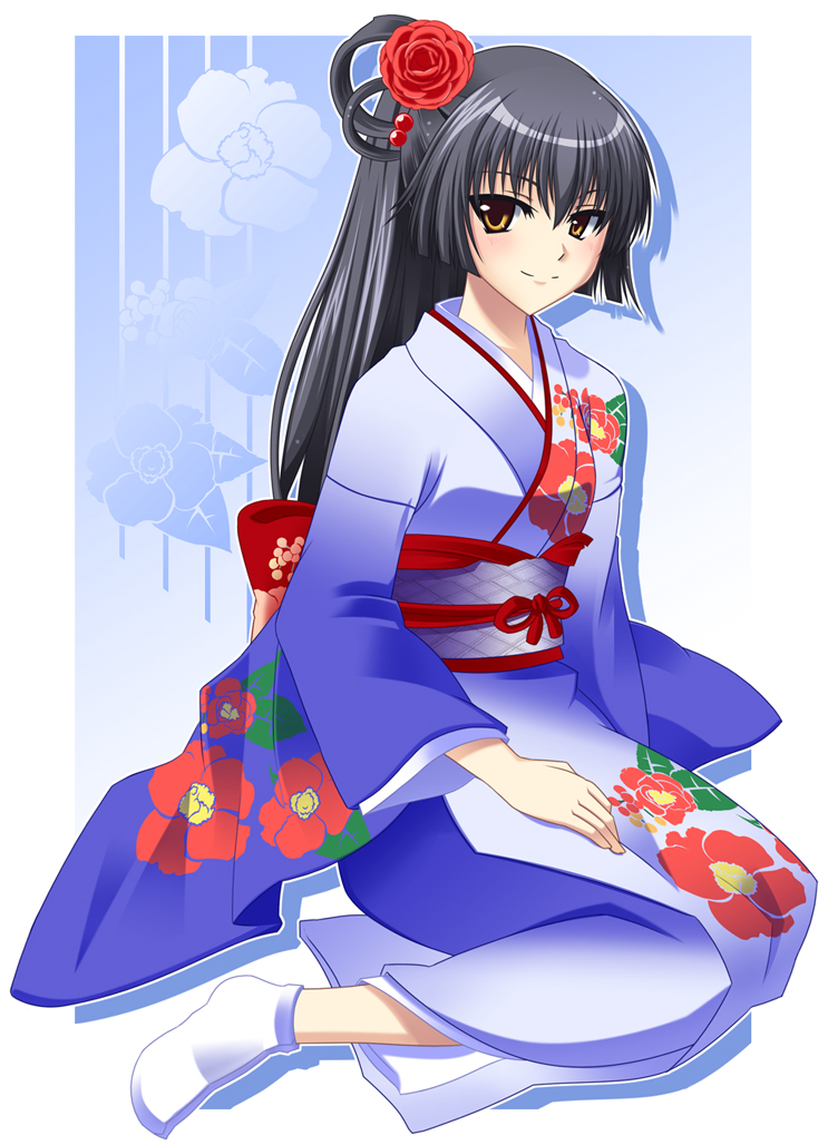 black_hair, camellia_(flower), floral_print, flower, hair_bobbles, hair_flower, hair_ornament, japanese_clothes