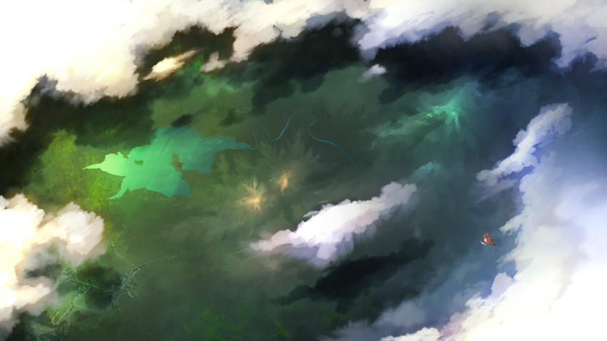 1girl, bow, brown_hair, clouds, detached_sleeves, flying, forest, from_above