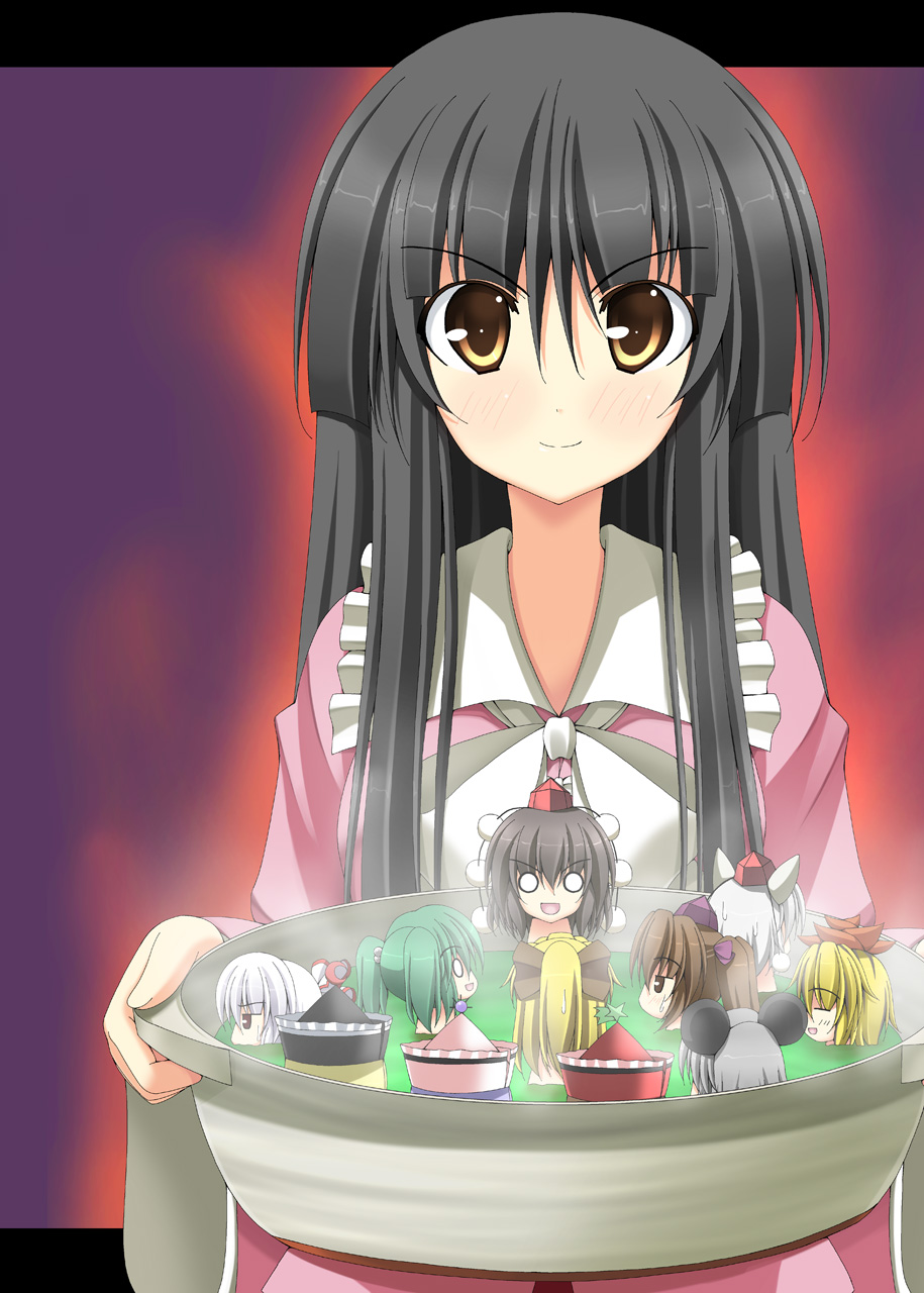 6+girls, animal_ears, bathing, black_hair, blonde_hair, bow, bowl, brown_eyes