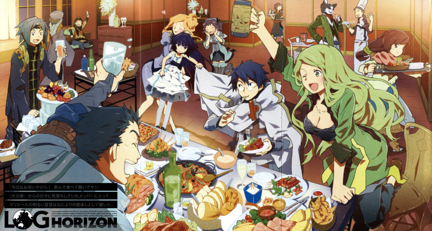 akatsuki_(log_horizon), bangs, blonde_hair, blue_hair, blunt_bangs, character_request, feast, food