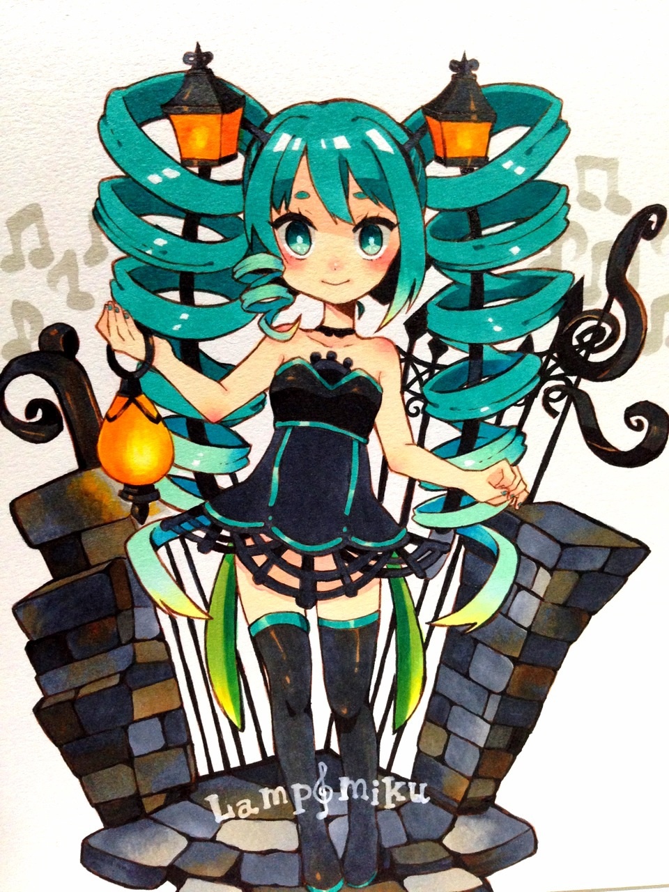 1girl, aqua_hair, blush, boots, character_name, drill_hair, green_eyes, hatsune_miku